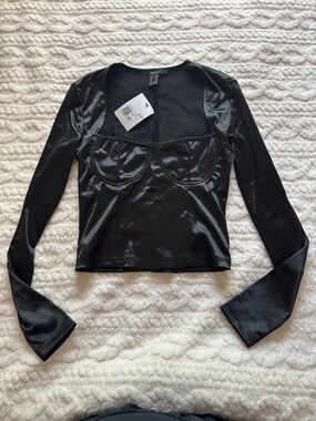 Black Satin Long-Sleeve Bustier Top